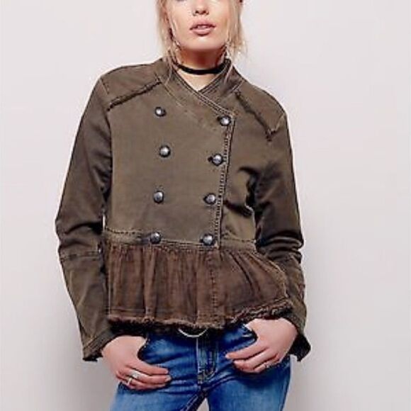 FREE PEOPLE Olive Green Double-Breasted Jacket Size Small Military Jacket - Picture 1 of 12